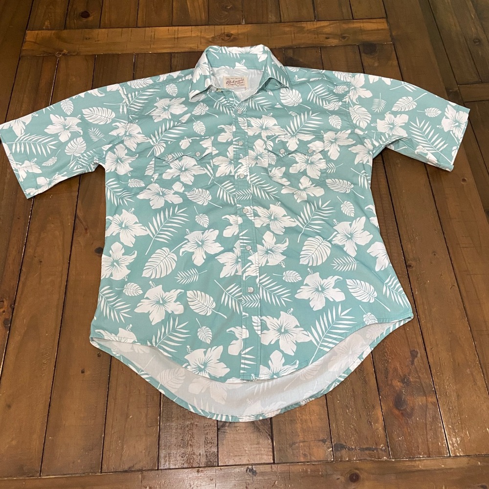 Rockmount Ranch Wear Hawaiian Western Shirt Mens Small Teal Pearl Snap 1613